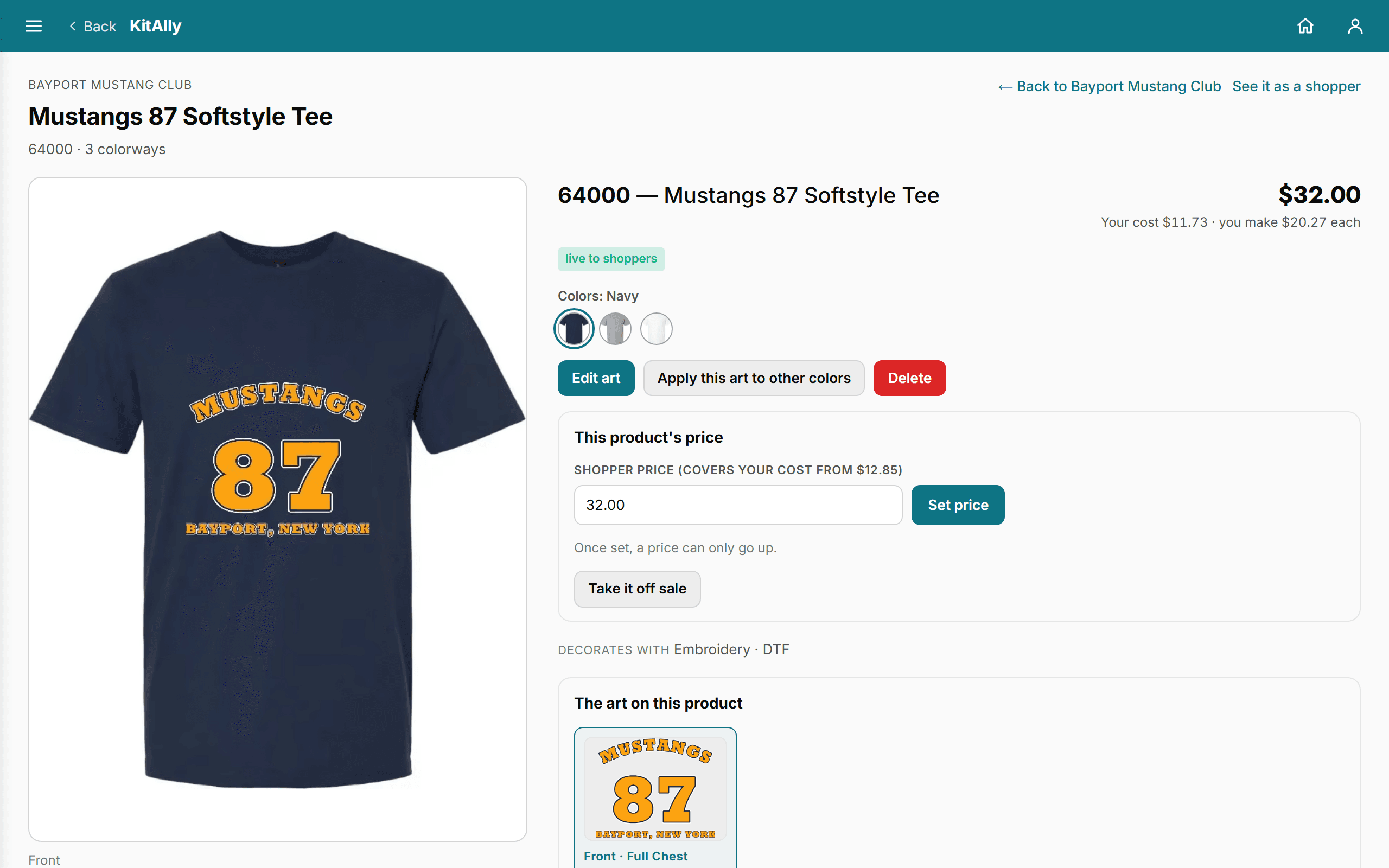 One product with its price, what it costs you and what you make on each