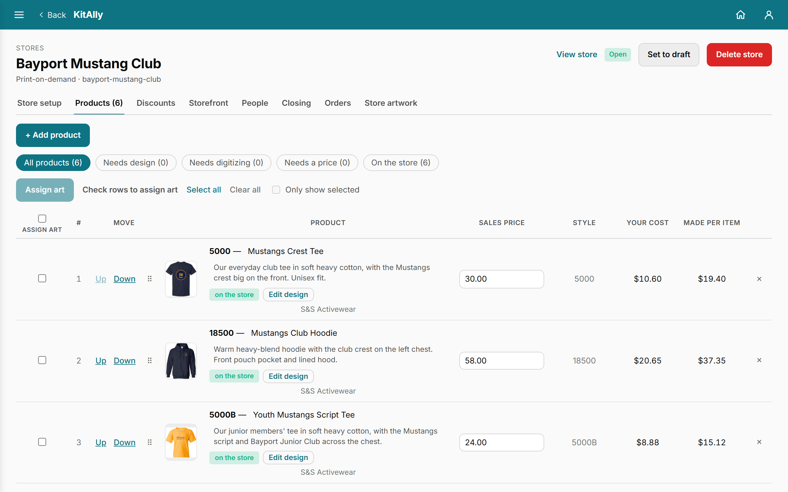 A store’s products: art on each, a price typed in each row, your cost and what you make beside it