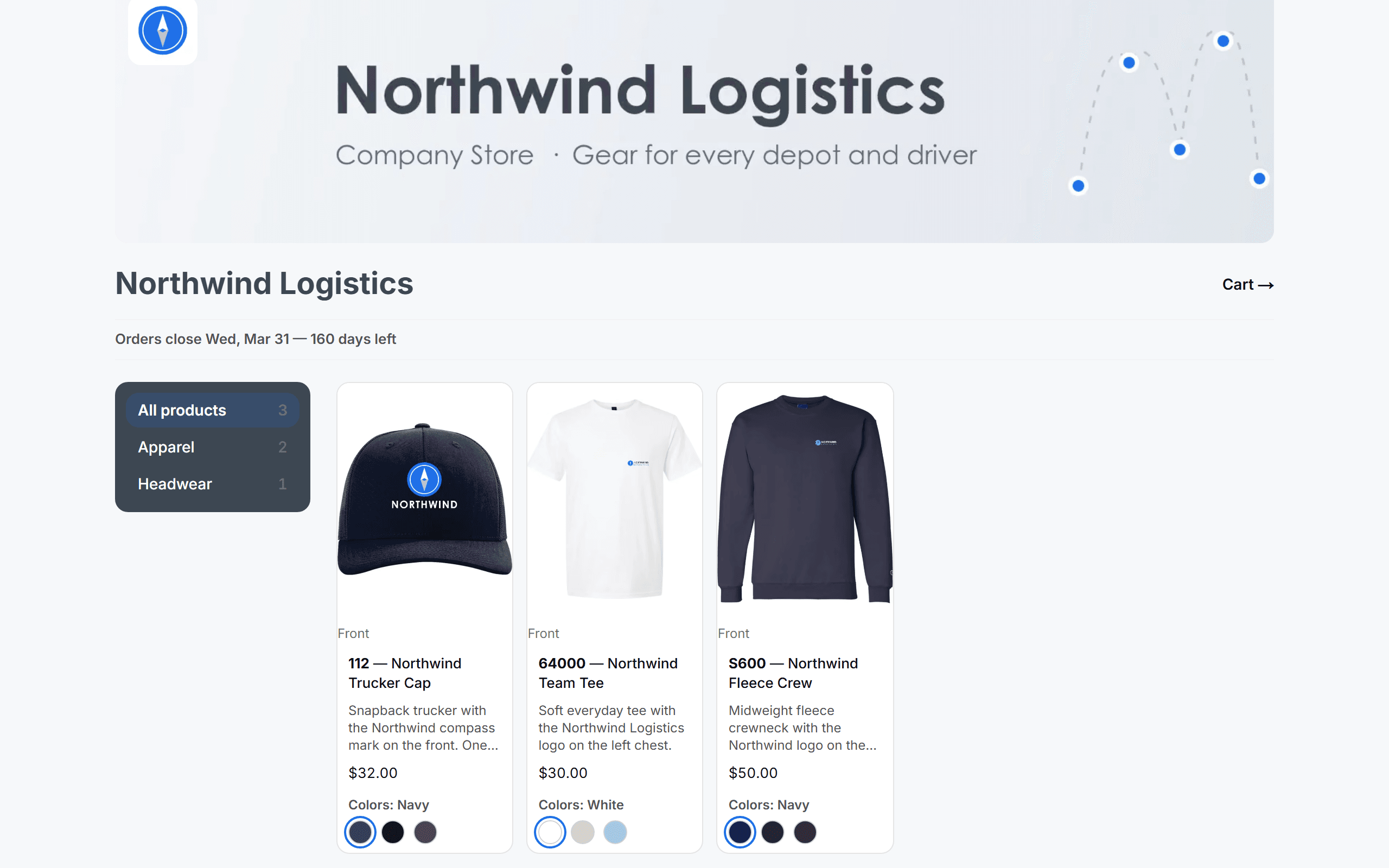 A company store: the Northwind logo on a cap, a tee and a fleece crew, each on the real product