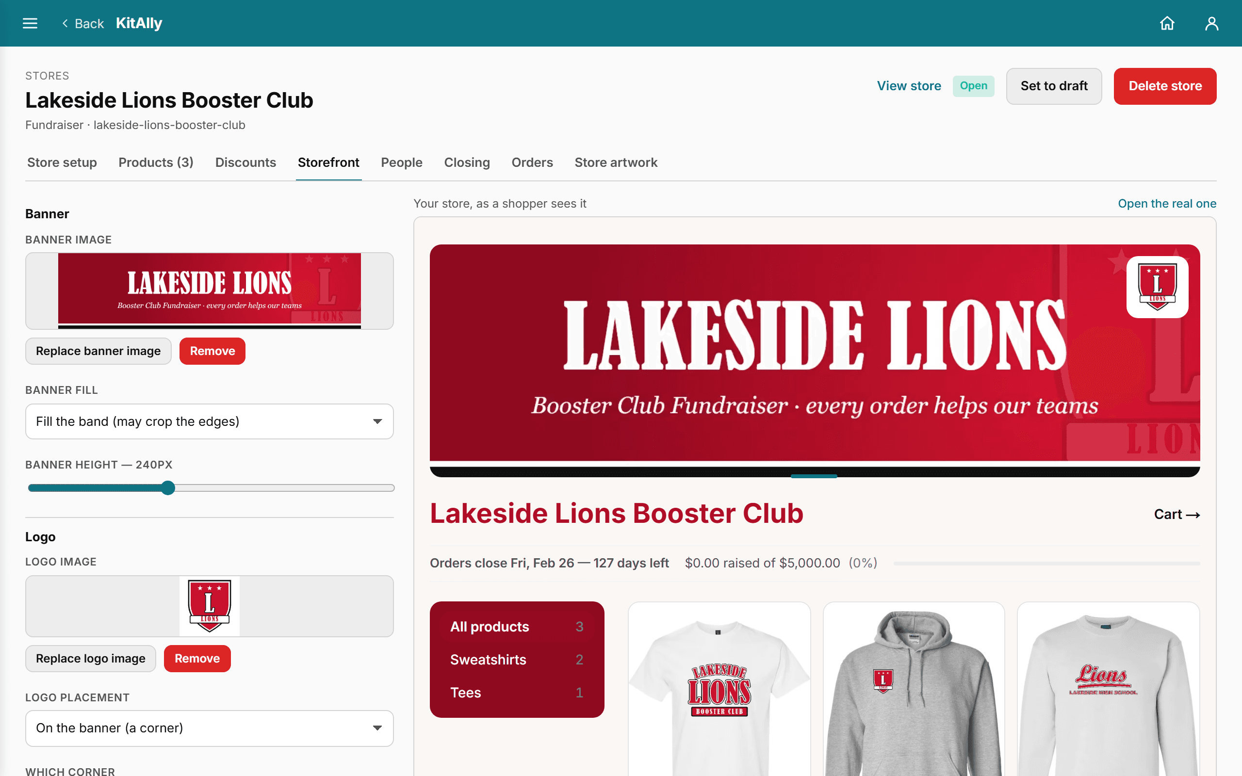 The Lakeside Lions banner, logo and colors set on the Storefront tab, beside the store as a shopper sees it