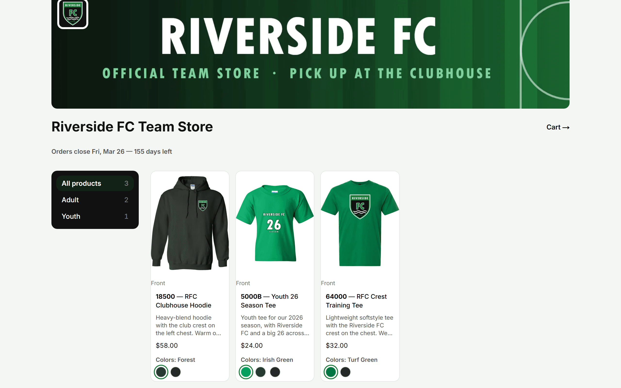 Riverside FC’s team store as a shopper sees it: the club’s banner and crest, the closing date and its products
